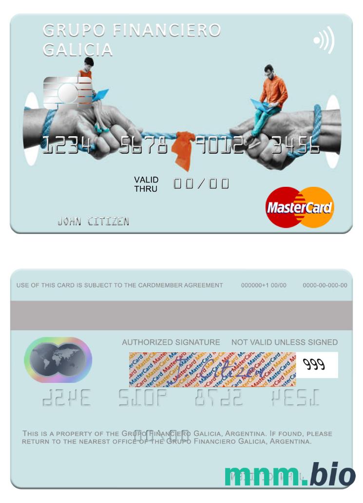 Argentina Grupo Financiero Galicia przykład karty mastercard w formacie PSD